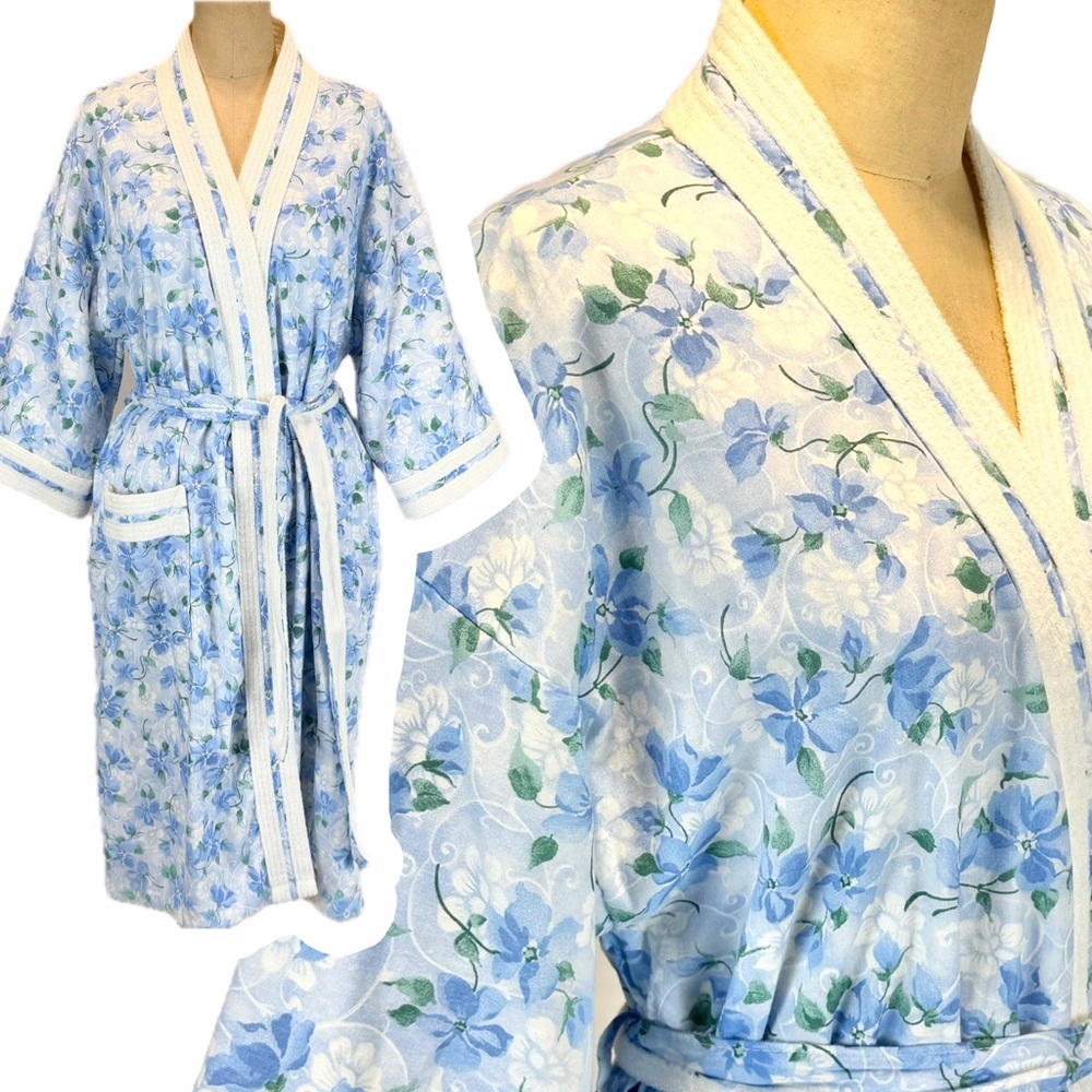 VINTAGE cottage morning glory flower floral‎ wrap robe terrycloth lined romantic